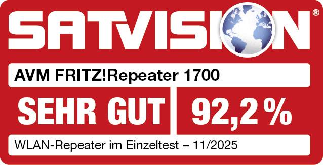 AVM FRITZ!Repeater 1700 je v posameznem testu WLAN-repetitorjev revije SATVISION novembra 2025 prejel oceno 'ZELO DOBRO' z 92,2 %.