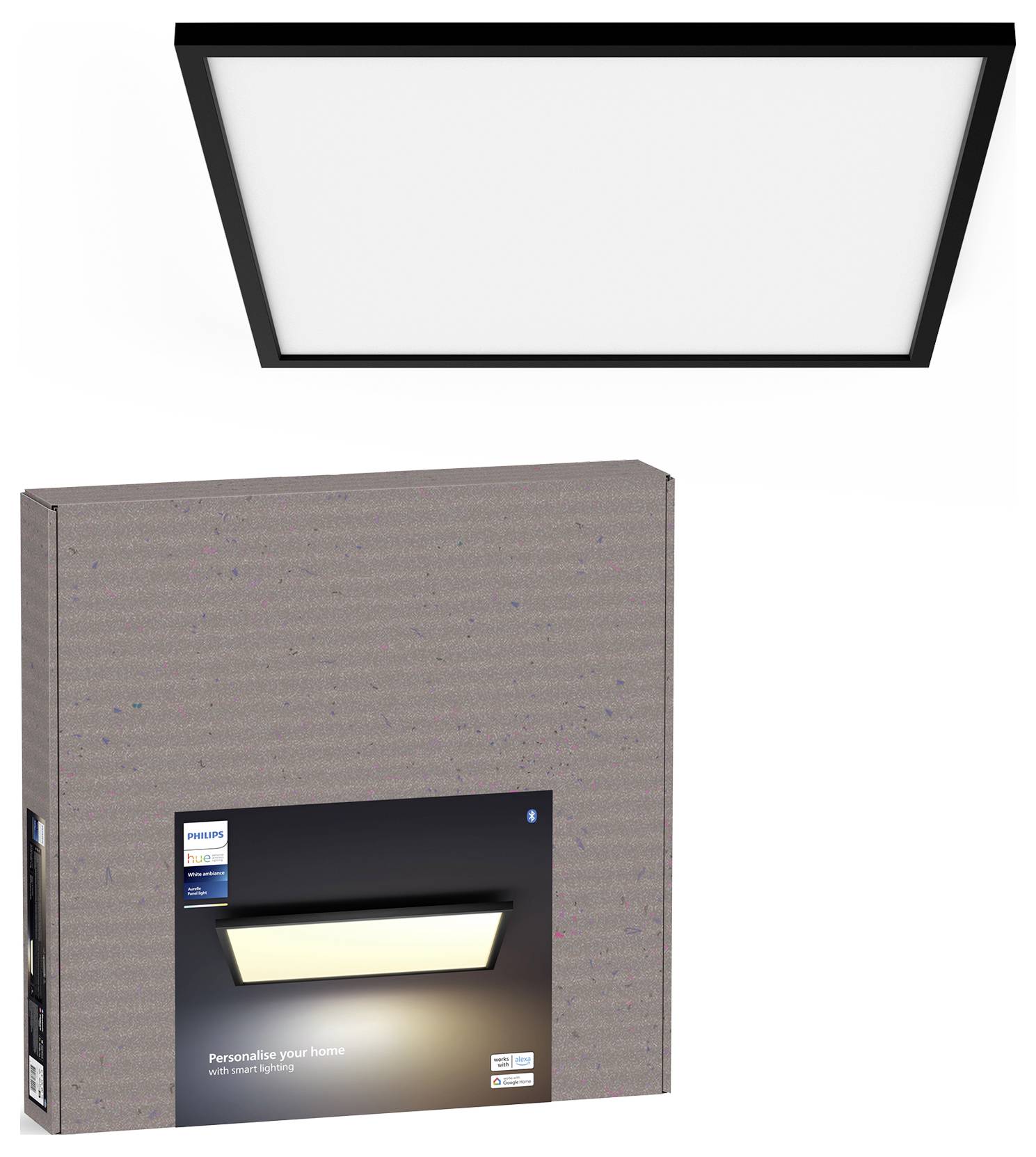 Pravokotna LED stropna luč s črnim okvirjem je prikazana nad embalažno škatlo z napisom 'Philips Hue'.