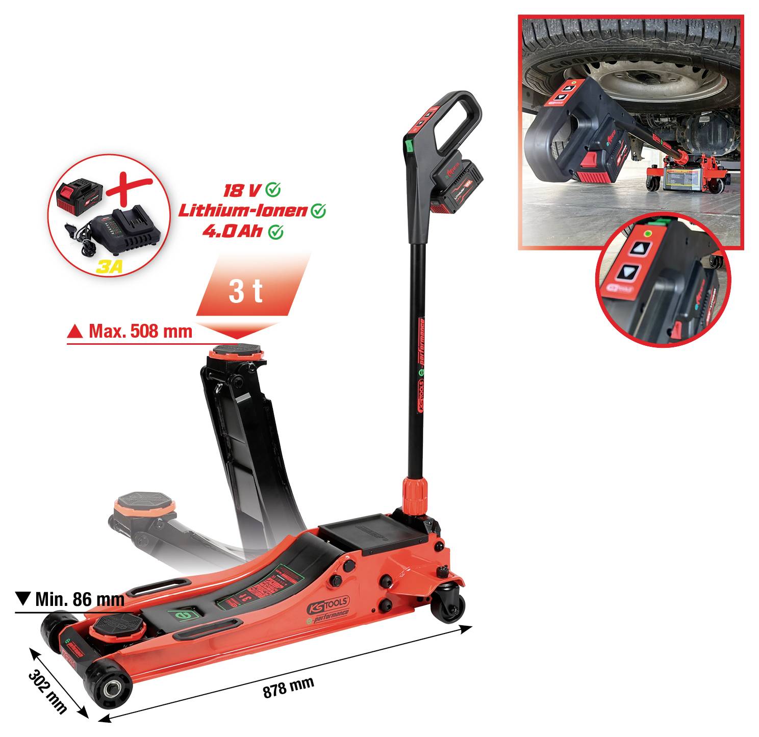 Rdeč hidravlični dvigalec s kapaciteto 3 ton; napajan z 18V litij-ionsko baterijo, prikazan med dviganjem avtomobilske pnevmatike. Dimenzije so 302 mm-878 mm.