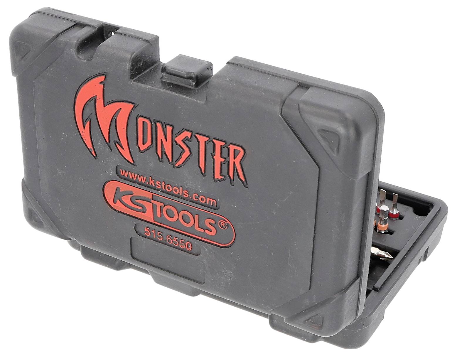 Črn kovček za orodje z napisoma 'Monster' in 'KS Tools', delno odprt, tako da so vidna različna orodja znotraj.