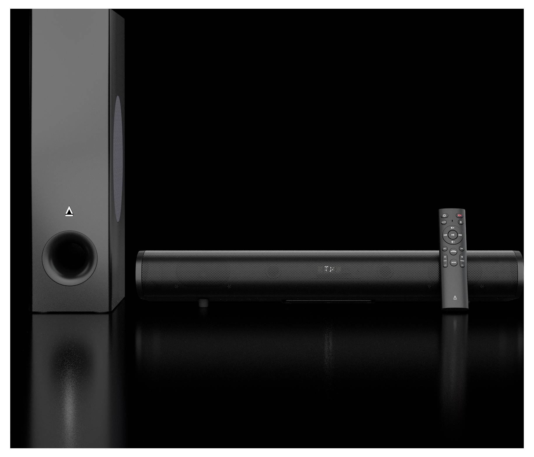 Eleganten črn soundbar sistem s subwooferjem na levi strani in daljinskim upravljalnikom, postavljenim na vrhu, na reflektivni črni površini.
