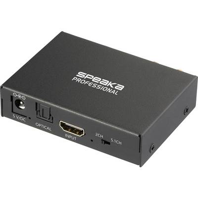 Črn SpeaKa Professional avdio pretvornik z optičnim vhodom, HDMI vhodom in stikalom za 2-kanalni ali 5.1-kanalni izhod.