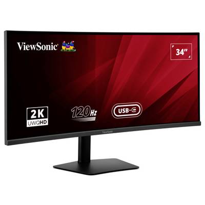 Ultiraširok 34-palčni monitor z ločljivostjo 2K UWQHD, frekvenco osveževanja 120 Hz in vhodom USB-C, prikazan iz stranskega kota na rdečem ozadju.