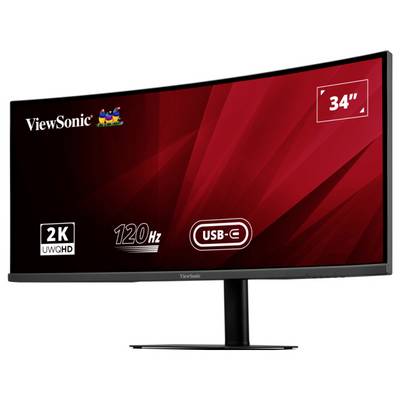 Ukrivljen 34-palčni ViewSonic monitor z ločljivostjo 2K, osvežilno frekvenco 120 Hz in priključkom USB-C, ki prikazuje elegantno rdečo grafično ozadje.