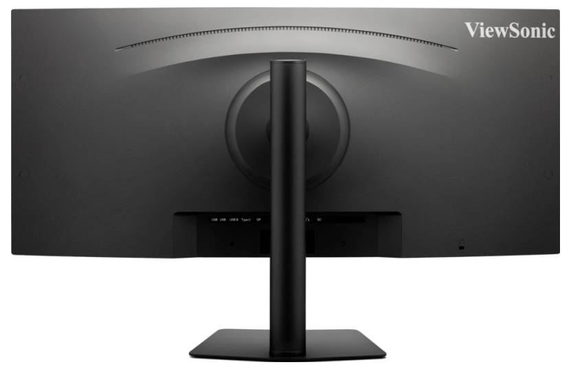 Pogled od zadaj velike črne ViewSonic monitorja z ukrivljenim zaslonom in nastavljivo stojalo, ki prikazuje njegov eleganten dizajn in urejanje kablov.