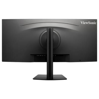 Pogled od zadaj velike črne ViewSonic monitorja z ukrivljenim zaslonom in nastavljivo stojalo, ki prikazuje njegov eleganten dizajn in urejanje kablov.