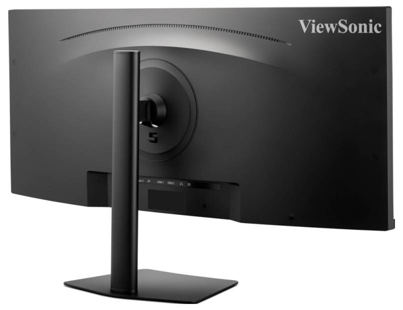 Zaslon ViewSonic, pogledan od zadaj, ki prikazuje njegovo ukrivljeno obliko in stojalo.