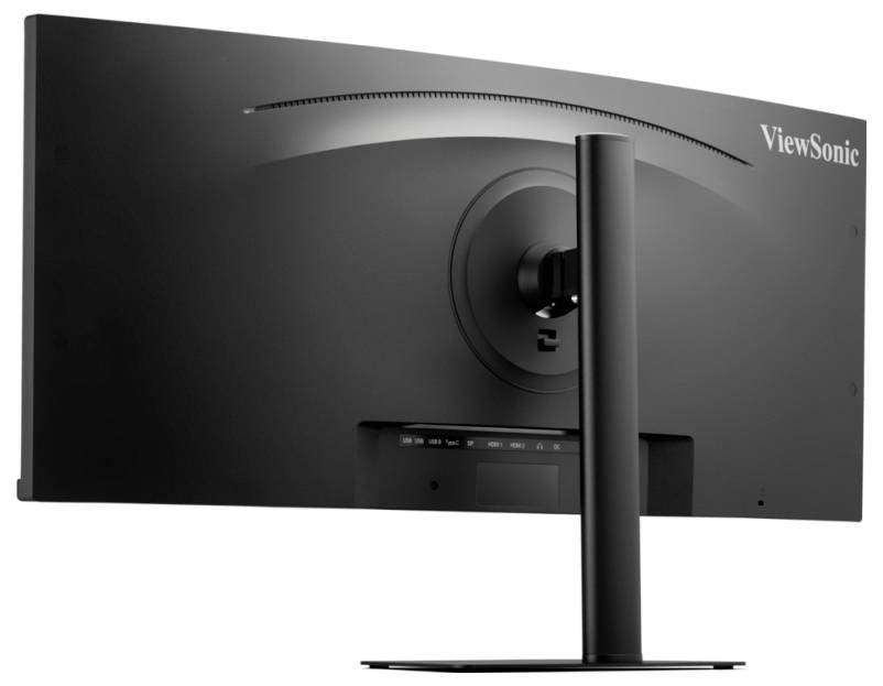 Pogled zadnje strani monitorja ViewSonic ultrawide, ki prikazuje njegovo ukrivljeno obliko in stojalo, pri čemer je poudarjeno ime blagovne znamke v zgornjem desnem kotu.