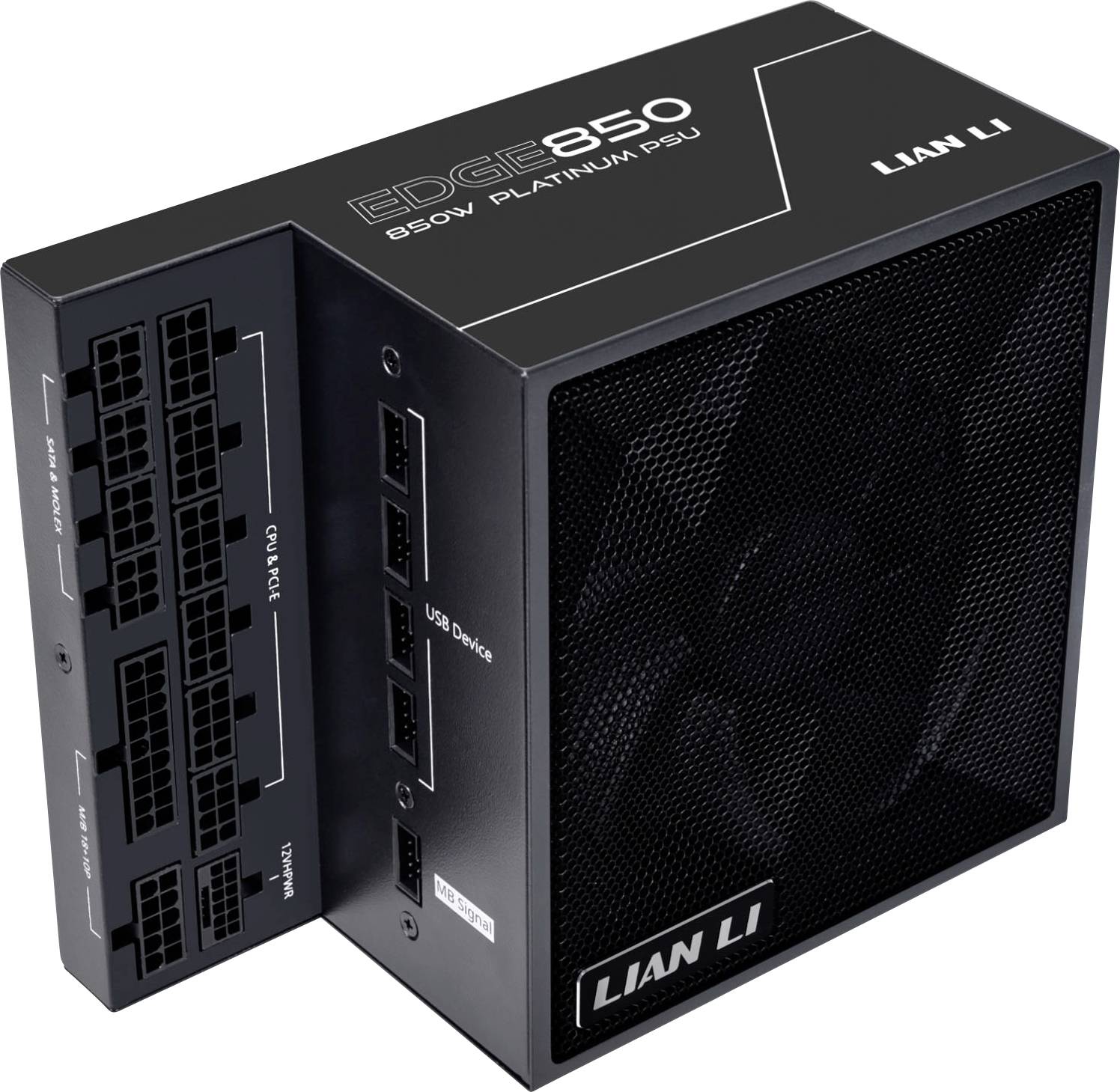Napajalnik Lian Li, model EDGE 850, 850W platinum PSU. Vključuje več priključnih vrat in ima blagovno znamko na ohišju.