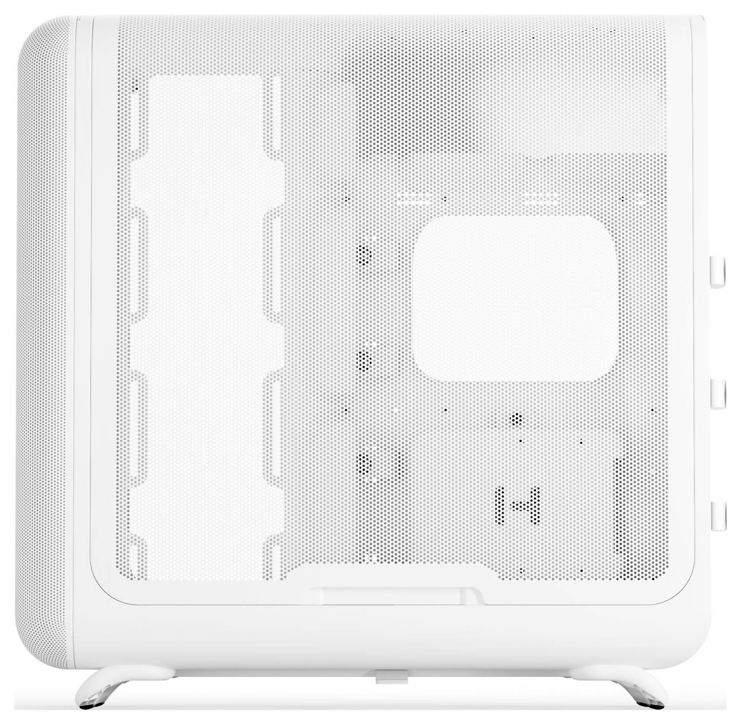 Bel računalniški ohišje z mrežasto stranski ploščo za prezračevanje, ki ima prostoren notranji prostor in več mest za komponente.