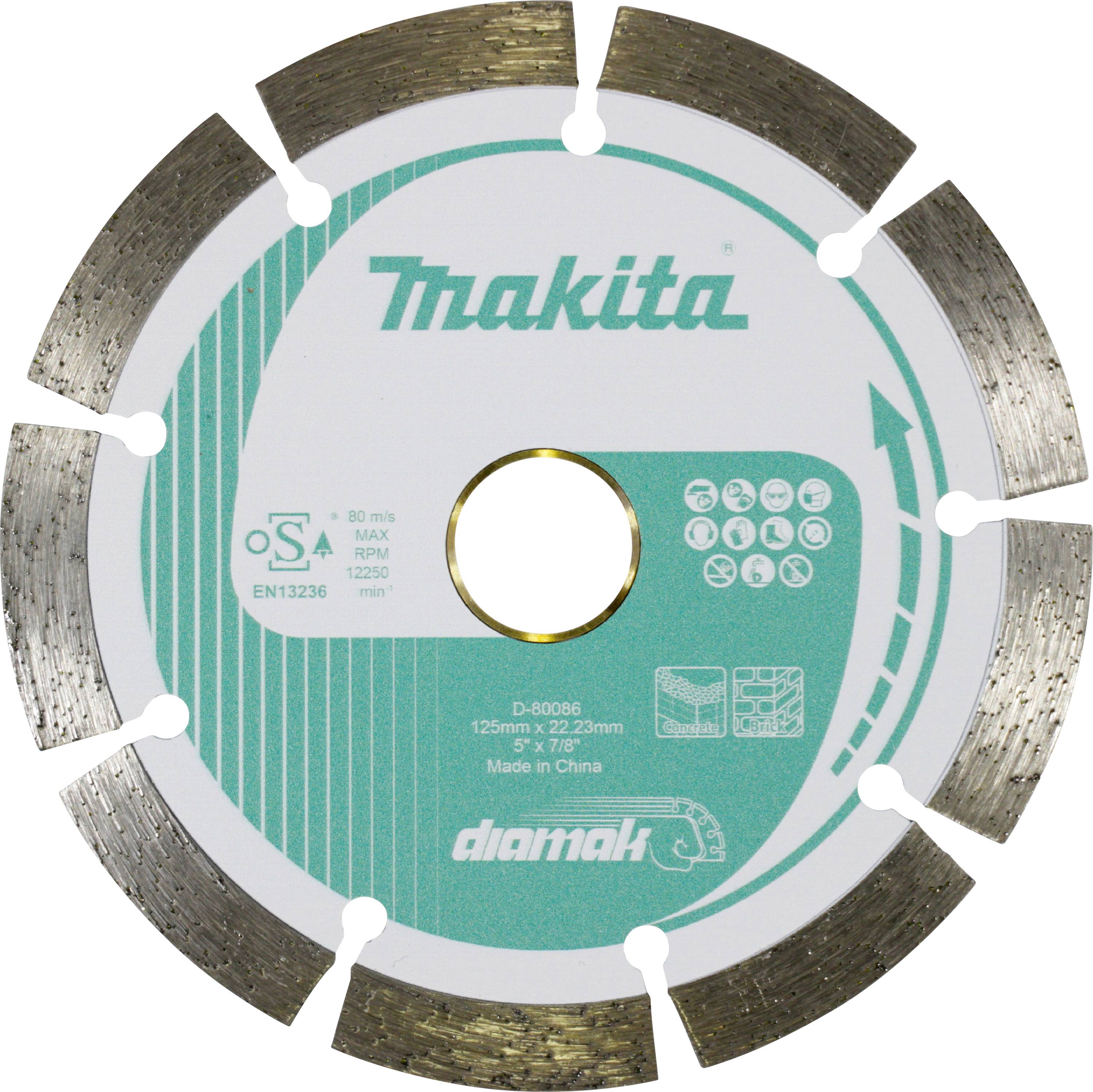 Krožna žaga z blagovno znamko 'Makita', zeleno-srebrnim dizajnom, premerom 125 mm, primerna za različne materiale, z varnostnimi ikonami.