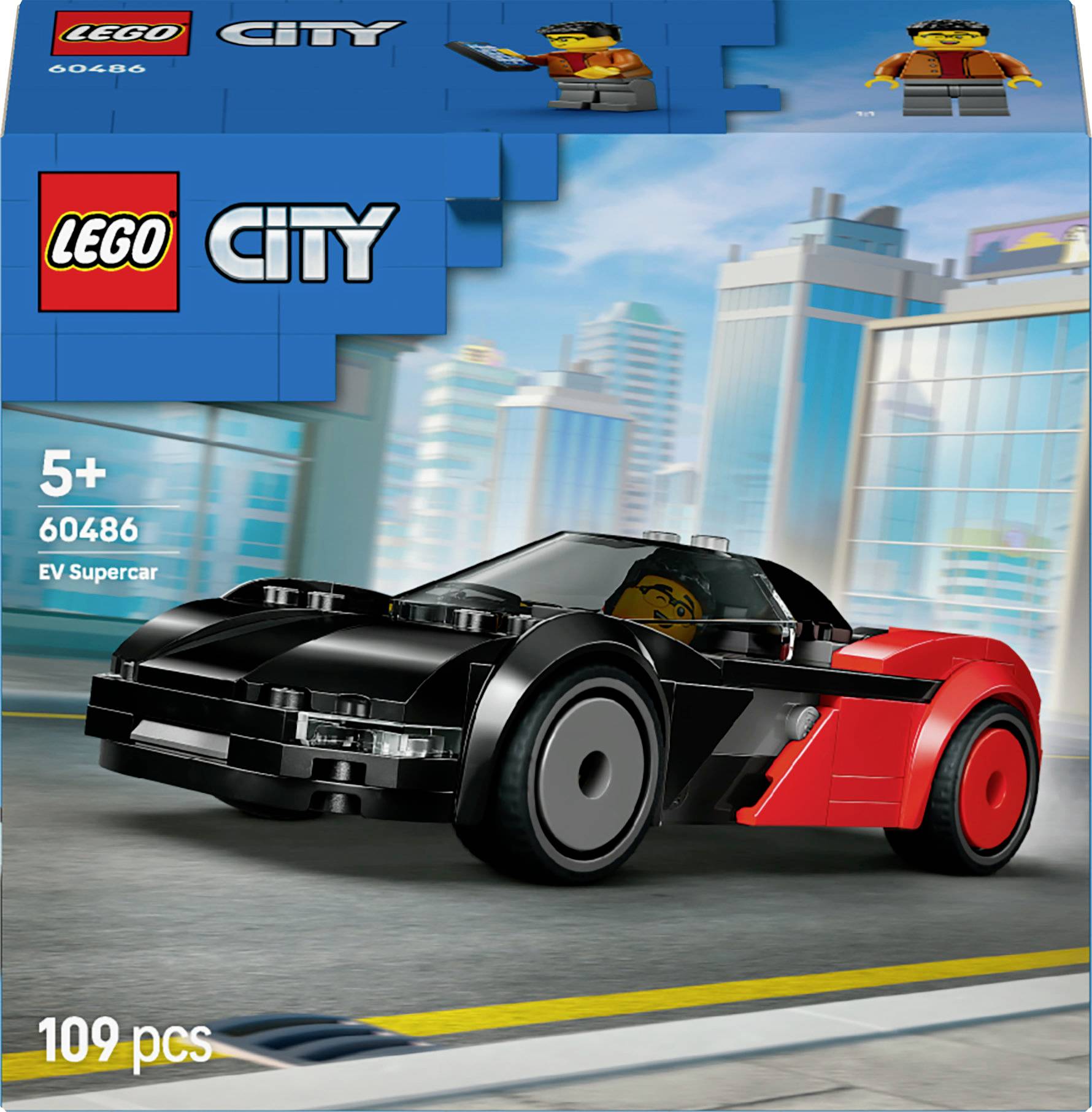 Komplet 'LEGO City' z modelom 'EV Supercar', namenjen otrokom, starim 5 let in več, z 109 deli. Avto je prikazan v mestnem okolju.