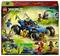 Lego Ninjago set 'Dvig zmaja', ki vključuje modro terensko vozilo z velikimi kolesi in akcijske figure v dinamični bojni sceni.