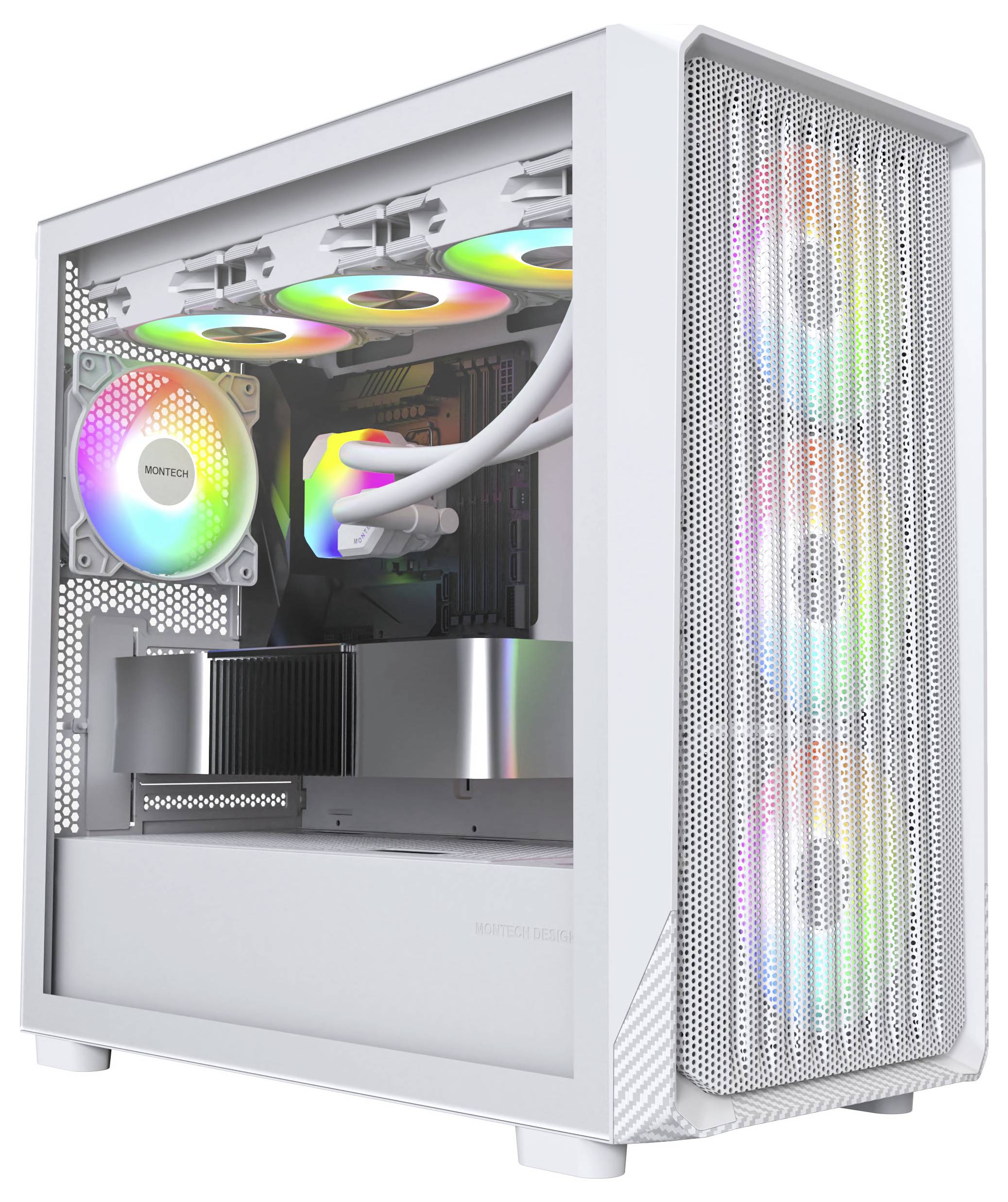 Bel računalniški ohišje z RGB LED ventilatorji in prozornim stranskim panelom, ki prikazuje visoko zmogljiv hladilni sistem in komponente.