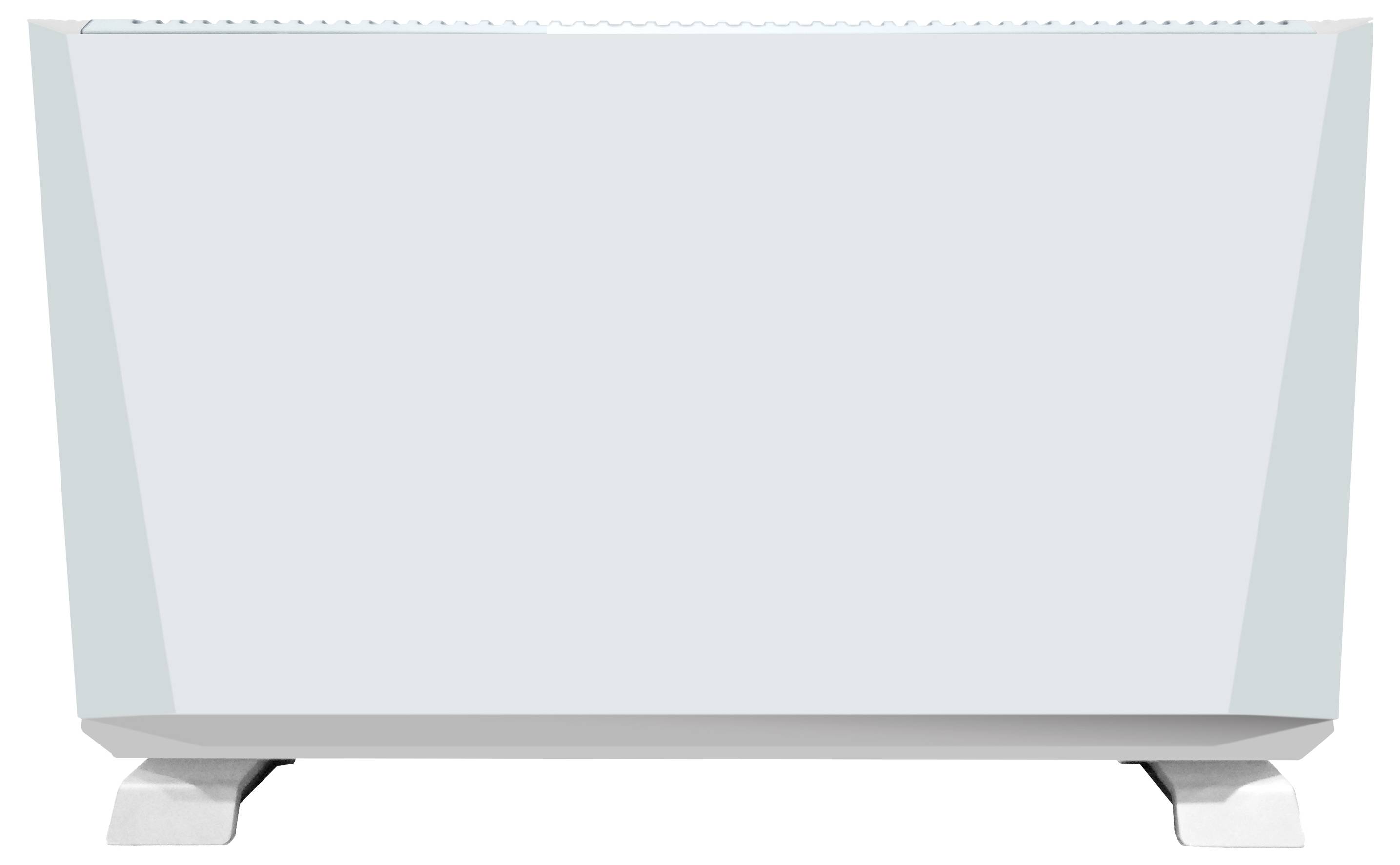 Pravokoten, prosto stoječ bel grelnik z minimalistično zasnovo, ki počiva na dveh majhnih nogicah in je primeren za moderne notranje prostore.