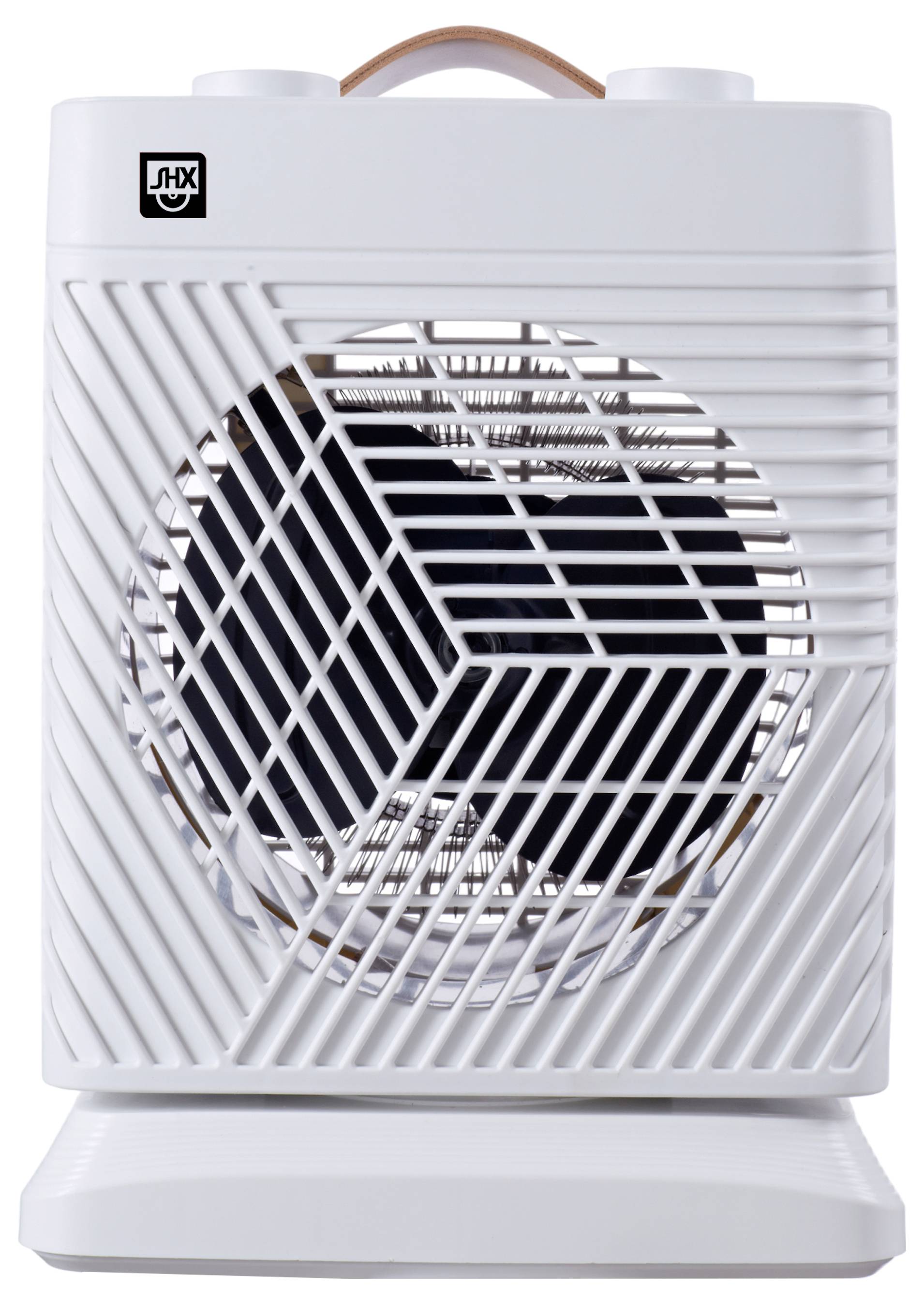 Bela električna grelna naprava z dizajnom sprednje rešetke, z ventilatorjem za kroženje zraka, nameščena na ravno osnovo.