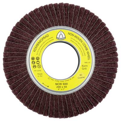 Rjavo netkano kolo s kombinirano ščetino z rumenim središčem, označeno kot 'Kombinoprad Netkano kolo za česanje'. Dimenzije: 200x50 mm, grobo zrnat 80.