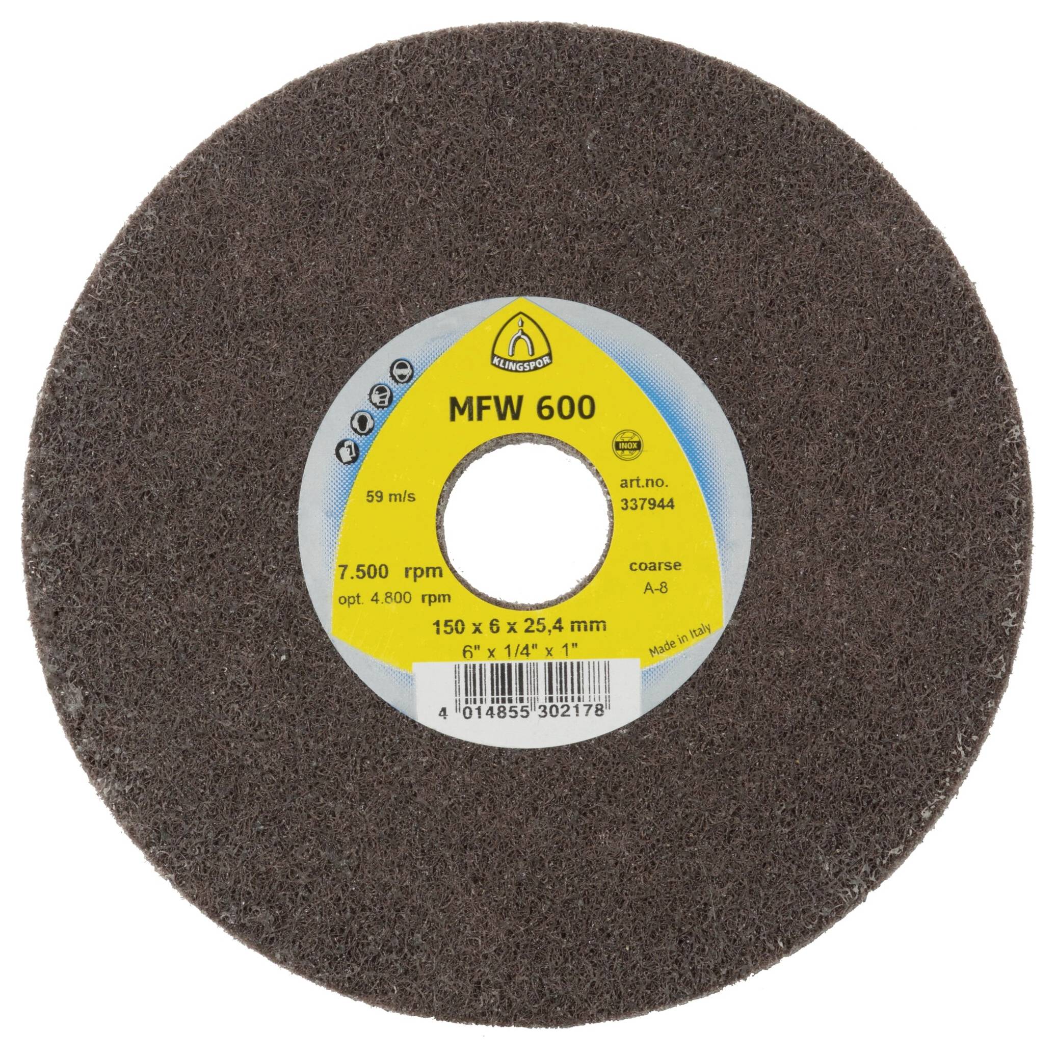Brusilno kolo MFW 600 s specifikacijami: 150 x 6 x 25,4 mm, grobo, maks. 7.500 vrt/min, priporočeno 4.800 vrt/min.