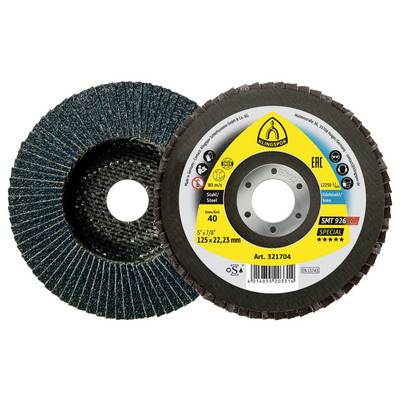 Brusilni lamelni disk, 125 mm, granulacija 40, primeren za jeklo, opremljen z zaščitno oznako z varnostnimi navodili in specifikacijami izdelka.