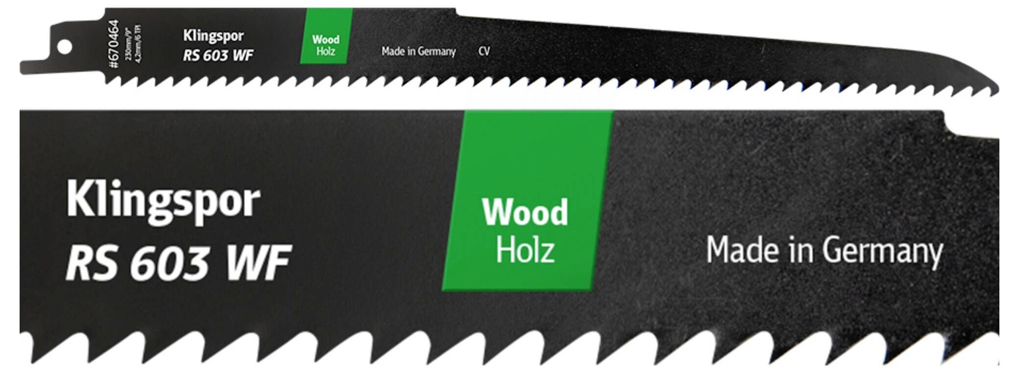 Zbližan posnetek žaginega lista Klingspor RS 603 WF, označen z napisoma 'Wood Holz', 'Made in Germany', ki nakazuje njegovo uporabo za rezanje lesa.