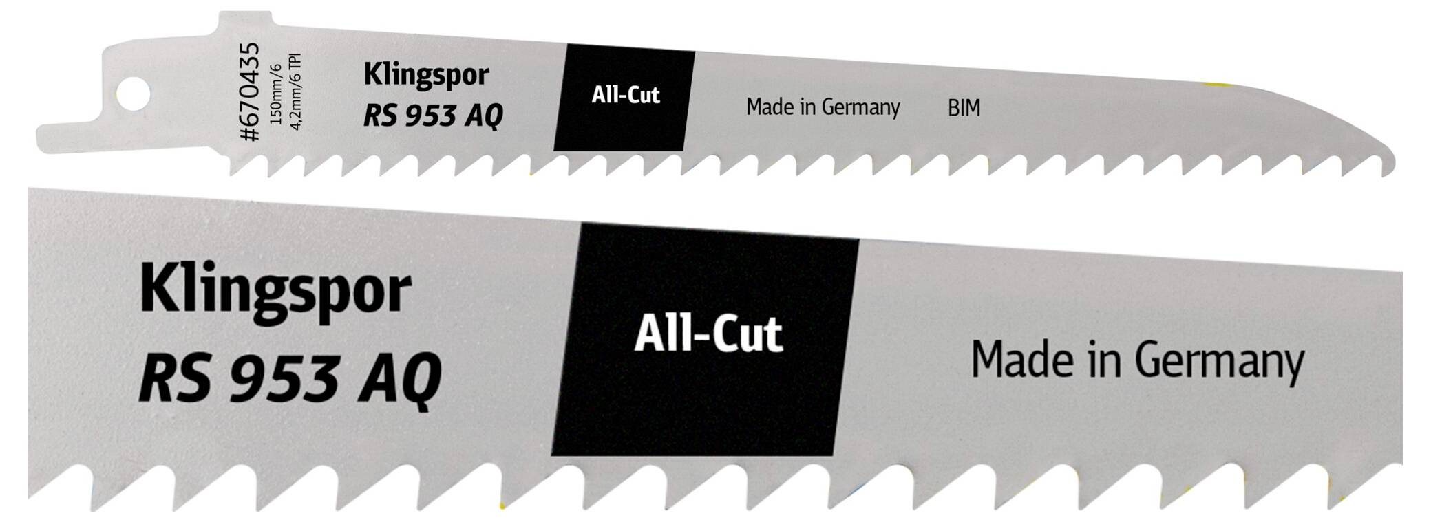 Žaga z oznako 'Klingspor RS 953 AQ', opremljena z ostrimi zobmi. Besedilo pravi 'All-Cut, Narejeno v Nemčiji, BIM'.