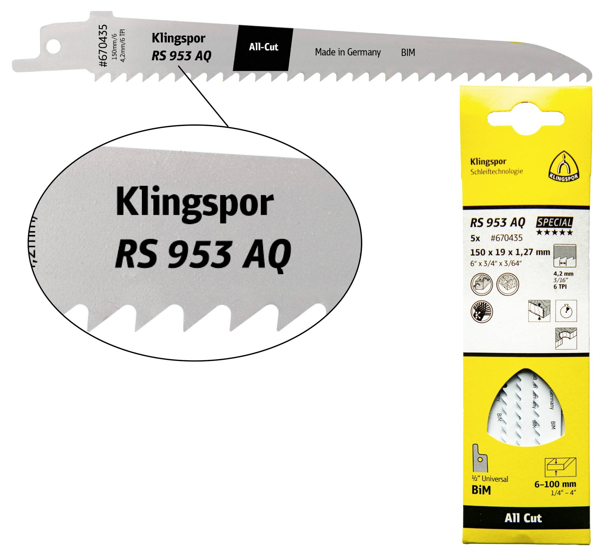 Klingspor 670435 Listi za sabljasto žago RS 953 AQ, 150 x 19 x 1,27 mm, uporabna dolžina 130 mm, bimetalni, rezkani, raz-0