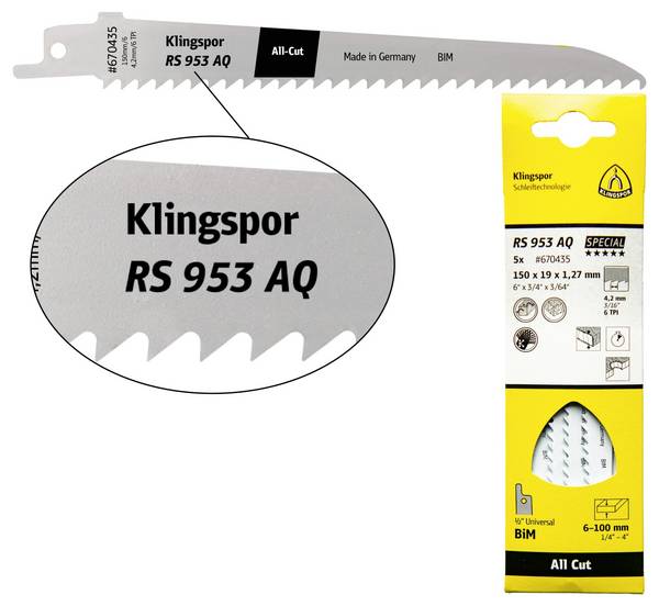 Klingspor 670435 Listi za sabljasto žago RS 953 AQ, 150 x 19 x 1,27 mm, uporabna dolžina 130 mm, bimetalni, rezkani, razporejeni, 6 zob na palec, pakirani v pretisnem omotu v kartonski škatli Dolžina žaginega lista 130 mm 5 kos