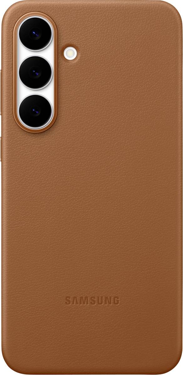 Rjav etui za pametni telefon z tremi izrezi za kamere in bliskavico, narejen za Samsung telefon.
