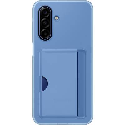 Moder pametni telefon etui z vgrajenim držalom za kartice na zadnji strani, ki ima tri odprtine za kamero in bliskavico zgoraj.