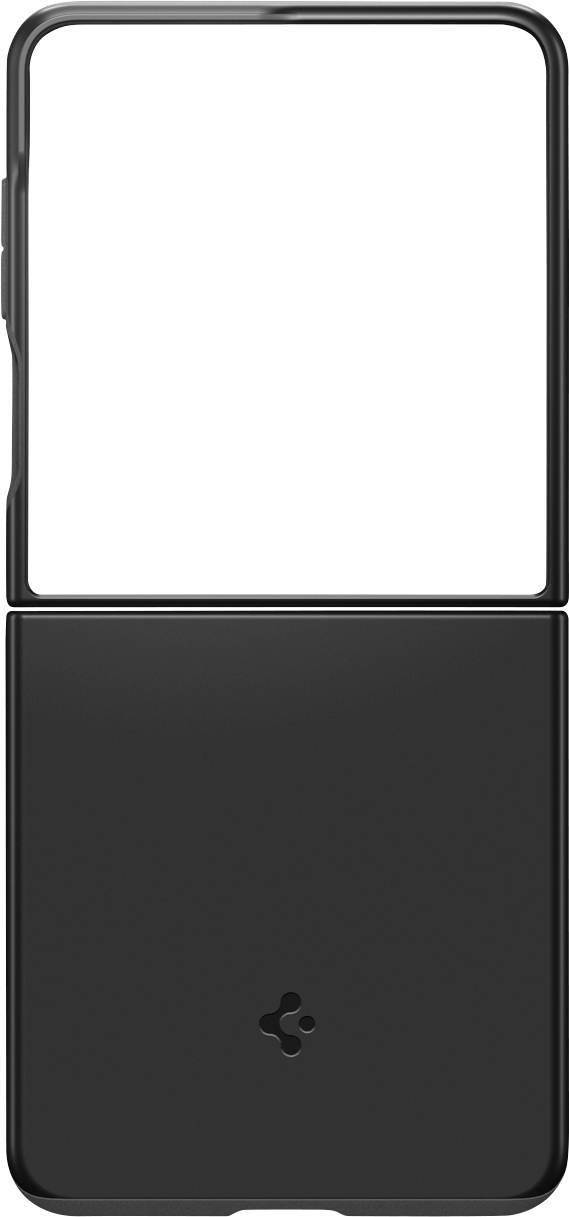 Črn telefon etui, zasnovan za zložljiv telefon, z minimalistično zasnovo in subtilnim logotipom na dnu.