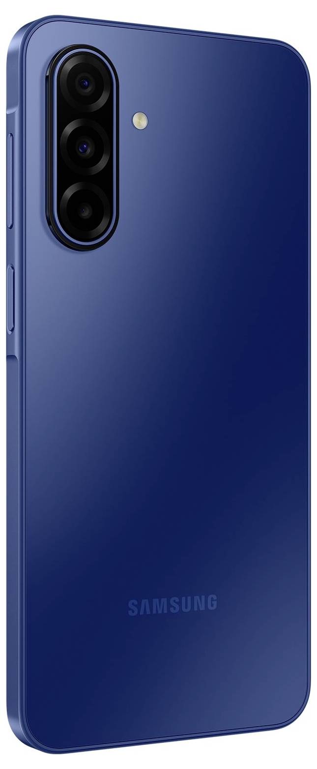 Moder pametni telefon s trojno kamero na zadnji strani, nameščeno pokončno.