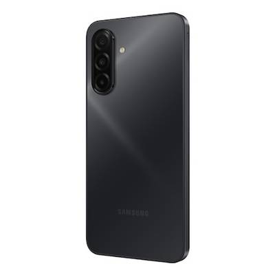 Pogled zadnje strani črnega pametnega telefona s tremi vertikalnimi kamernimi objektivi in logotipom Samsung spodaj.