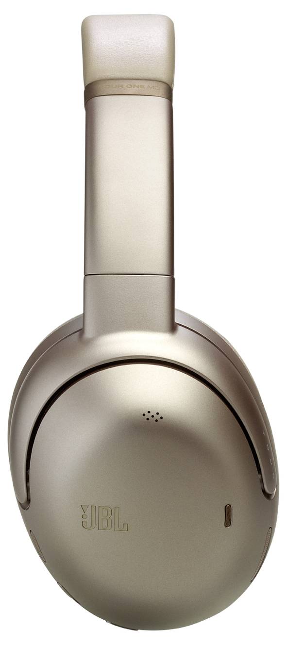 Zlatasto obarvane brezžične slušalke over-ear z elegantnim dizajnom, ki prikazujejo logotip znamke na ušesni blazinici.