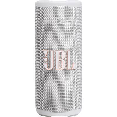 Prenosljiv Bluetooth zvočnik s sivo mrežasto prevleko, z nadzornimi gumbi na vrhu in navpično oranžno logotipom 'JBL' spredaj.