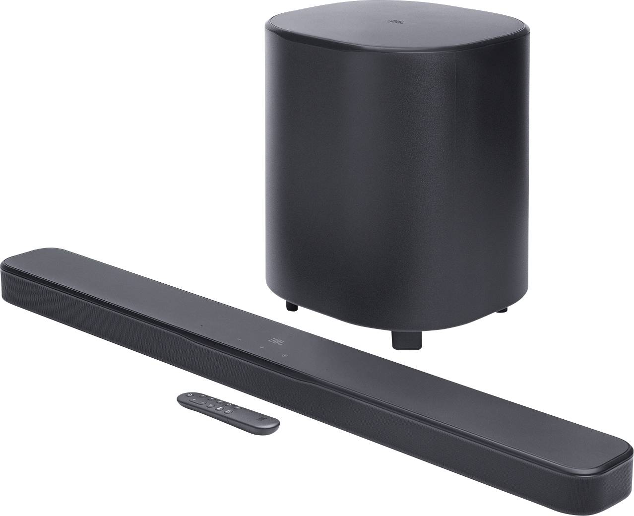 Sodoben črn soundbar in valjast subwoofer z daljinskim upravljalnikom, ki prikazuje sodobno opremo za domačo avdio reprodukcijo.