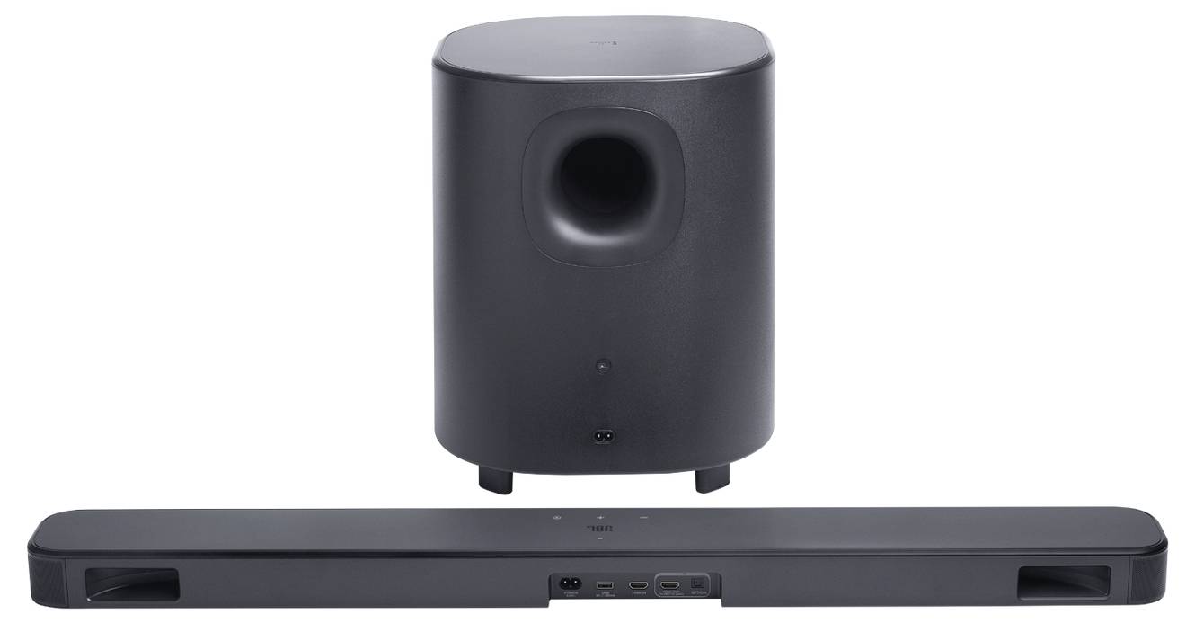 Črn komplet soundbara in subwooferja, ki ga sestavlja pravokotni soundbar in cilindričen subwoofer s sprednjo odprtino za zvok.