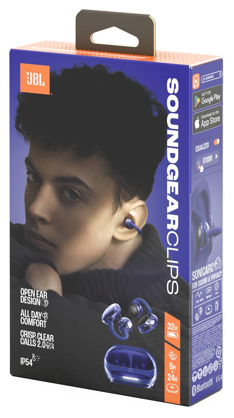 Mlada oseba, ki nosi modre slušalke JBL Soundgear Clips, je prikazana na embalaži. Glavne značilnosti izdelka vključujejo odprt dizajn ušes in 32-urno predvajanje.