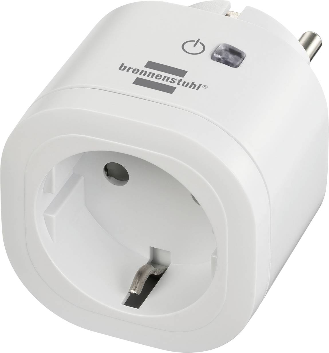 Beli vtični adapter Brennenstuhl z enim sprednjo vtičnico, gumbom za napajanje in indikatorsko lučko.