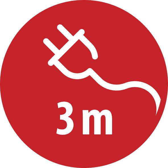 Rdeč krog z belo vtičnico in napisom '3 m', ki predstavlja dolžino kabla 3 metre.