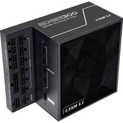 'Lian Li Edge 1300W platinum napajalnik z multiple izhodnimi vrati in USB priključki za naprave; poudarja zmogljivost napajanja in možnosti povezljivosti.'