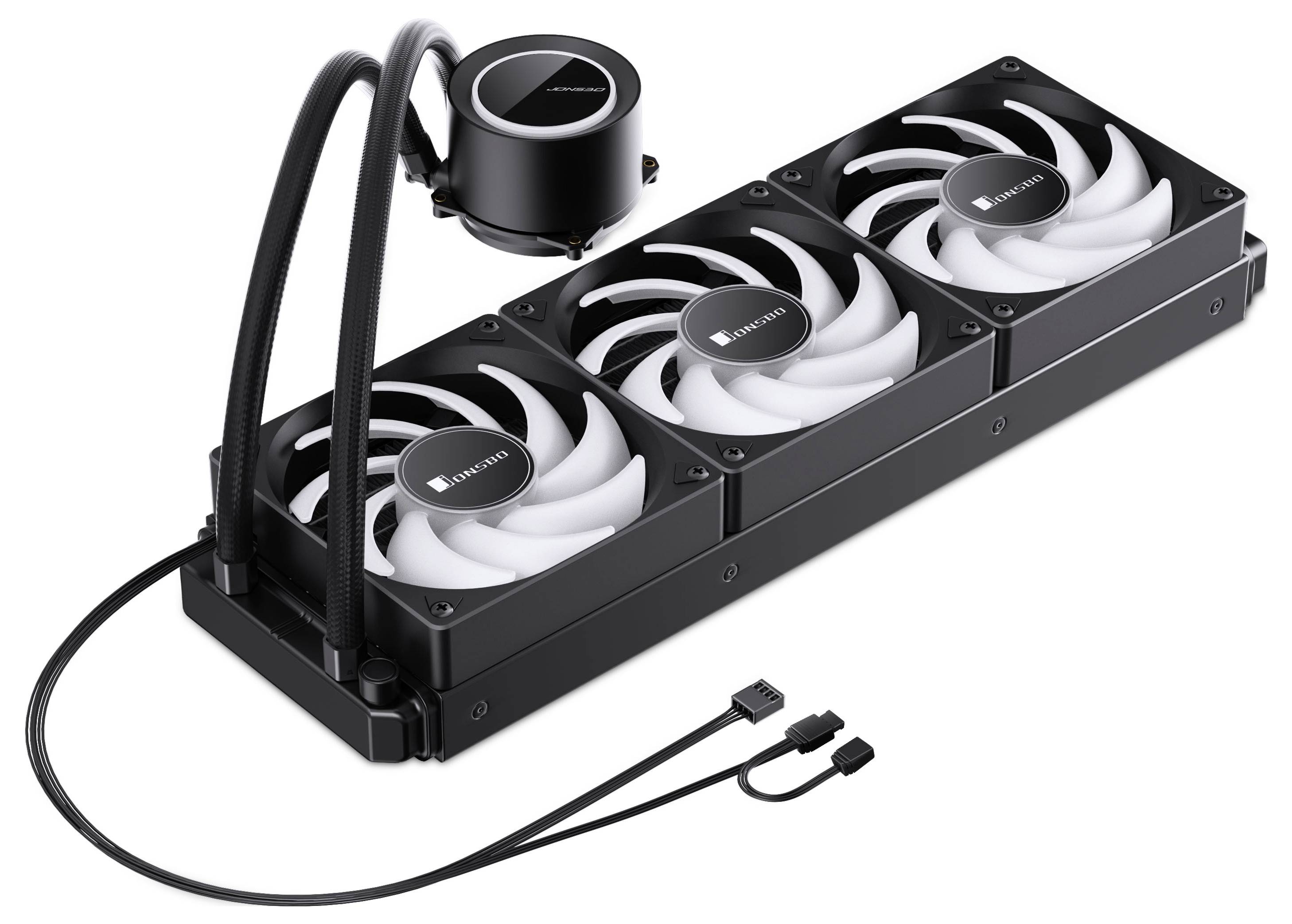 Črna tekoča CPU hladilna naprava s tremi ventilatorji in dvema priključnima cevema, zasnovana za sisteme hlajenja računalnikov.