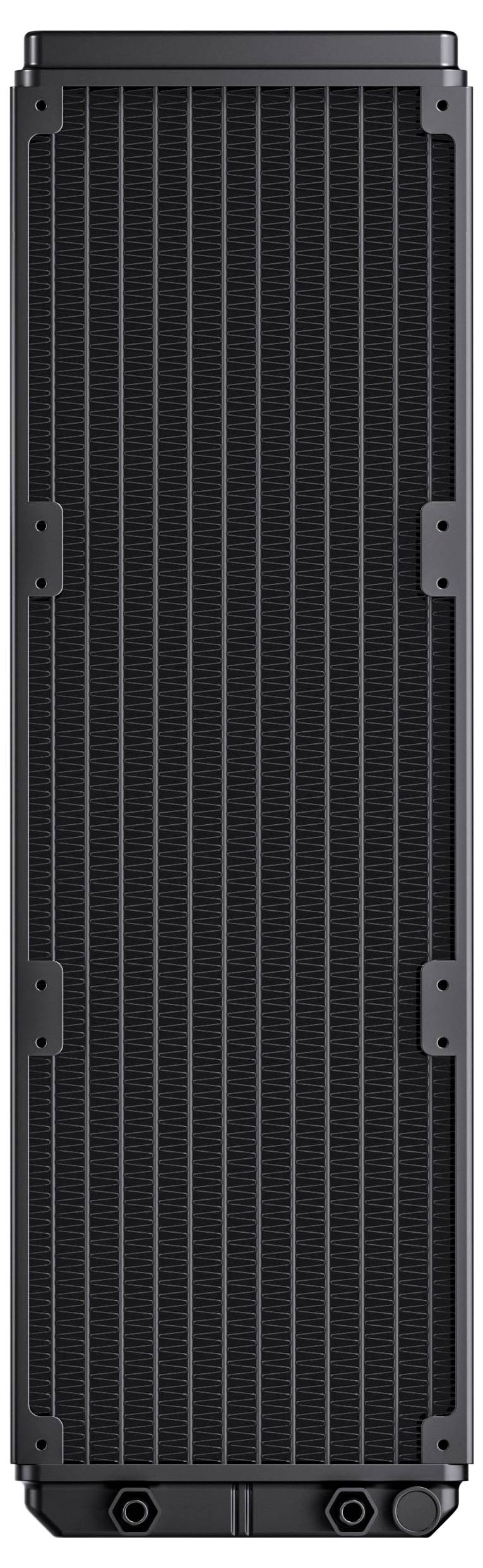 Visok, pravokoten črn računalniški radiator s kovinsko rešetko in pritrdilnimi nosilci, ki se uporablja za hlajenje strojnih komponent.