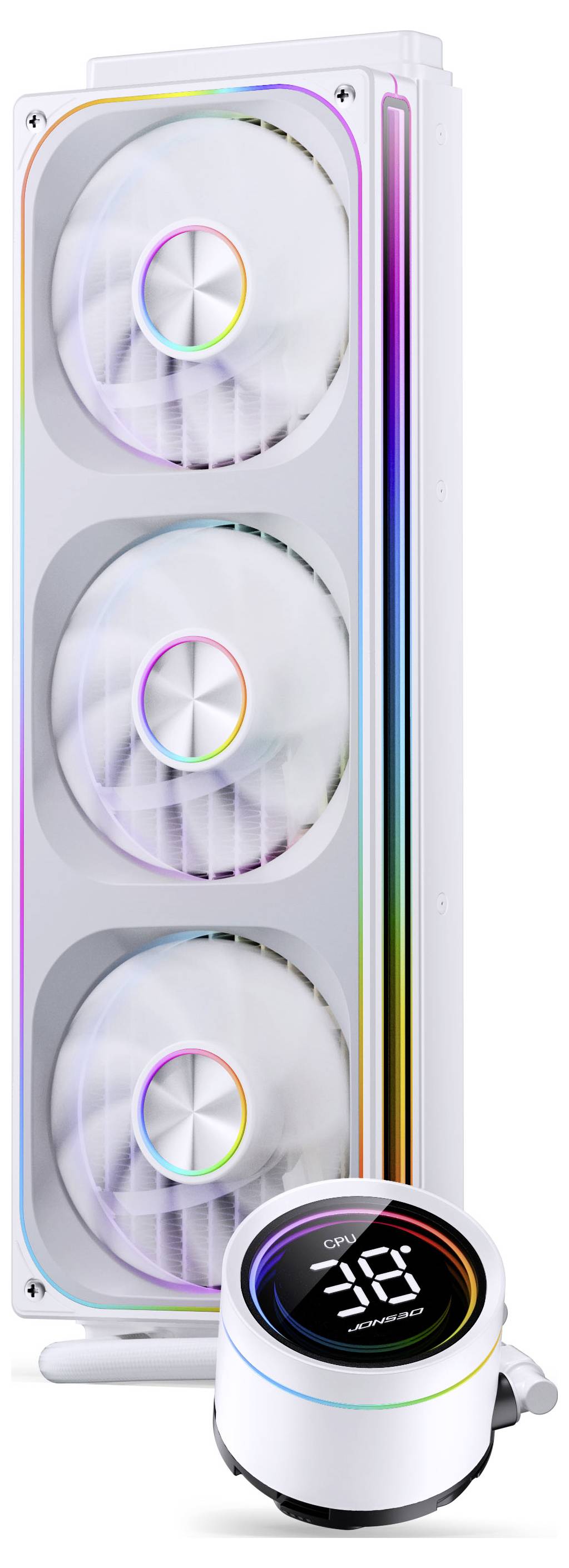 Računalniški sistem za hlajenje s tremi RGB osvetljenimi ventilatorji v navpični razporeditvi, skupaj z okroglo krmilno enoto, ki prikazuje temperaturo.