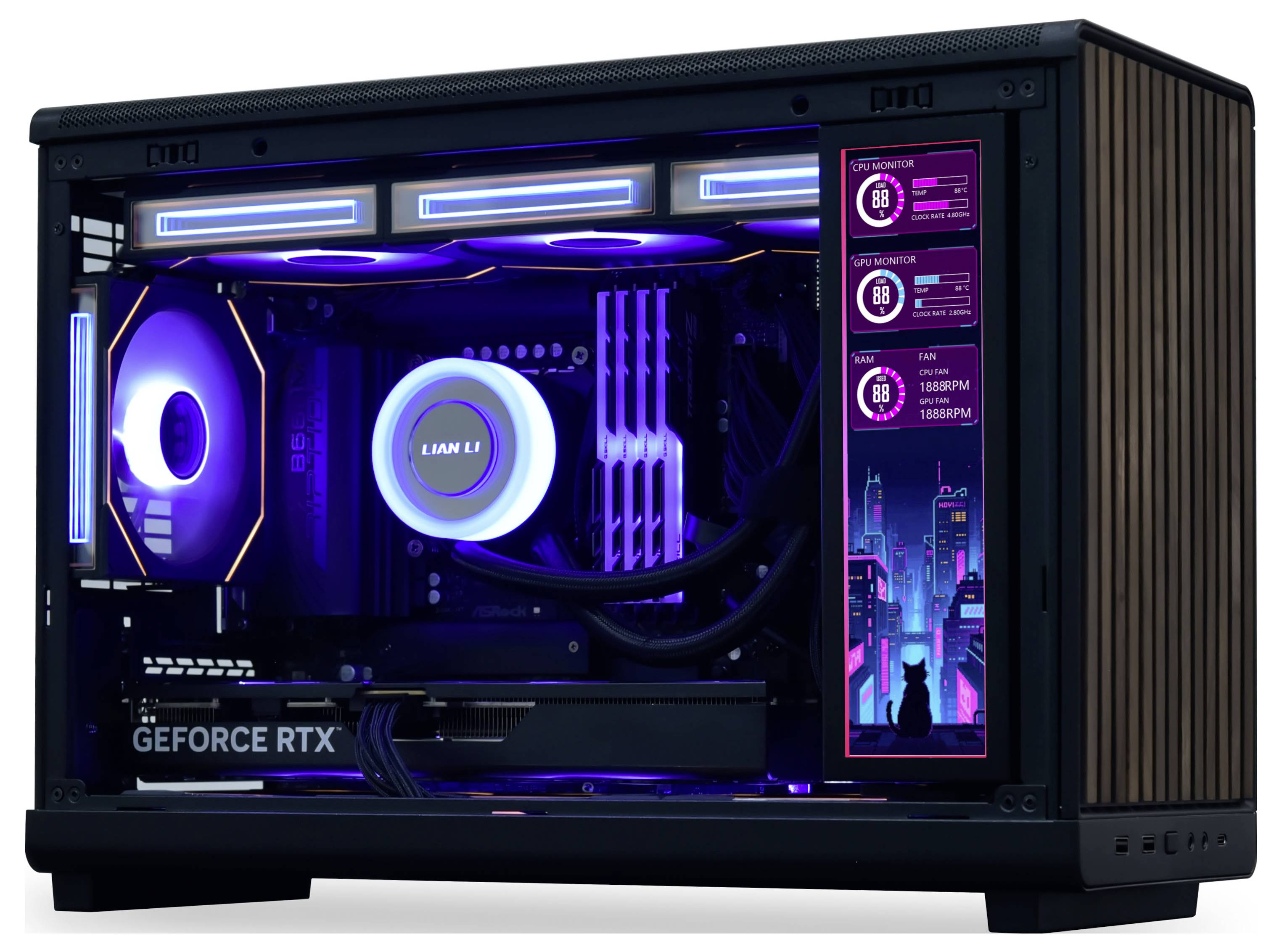 Kompakten Gaming računalnik z modrim in vijoličnim LED osvetljenjem, z grafiko 'GeForce RTX'. Stranski panel prikazuje sistemske statistike in mestno panoramo.