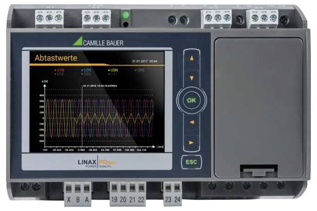 Slika prikazuje analizator kakovosti električne energije Camille Bauer LINAX PQ3000, ki prikazuje graf parametrov električne energije z več barvnimi črtami.