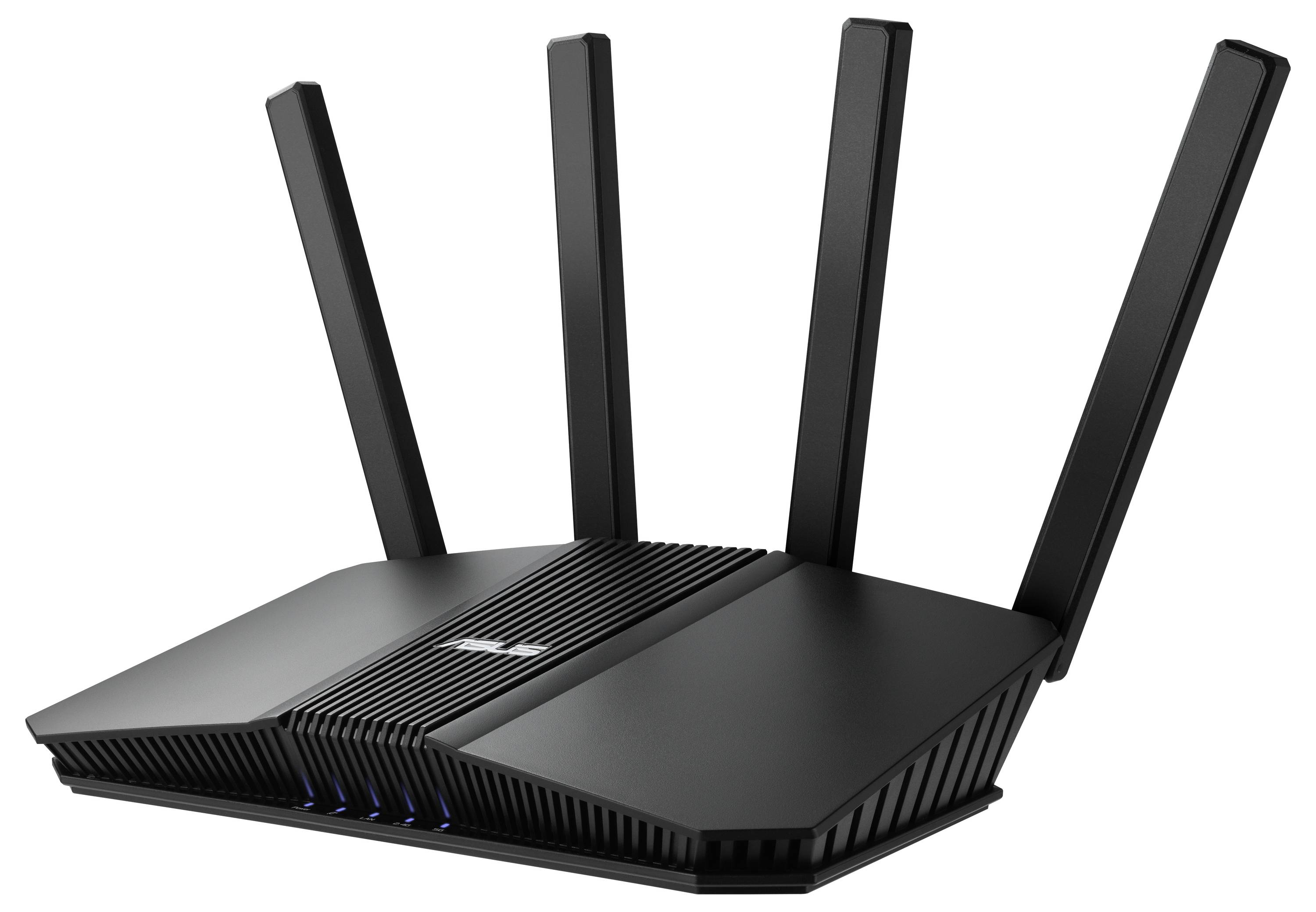 Črn usmerjevalnik Wi-Fi s štirimi zunanjimi antenami, ki nakazuje napredano pokritost signala, primeren zadomačo ali pisarniško omrežno povezljivost.