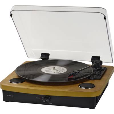 Lesena gramofon s prozornim pokrovom predvaja vinilno ploščo. Roka drži iglo nad vrtečo se ploščo. Dva zvočnika sta vgrajena.