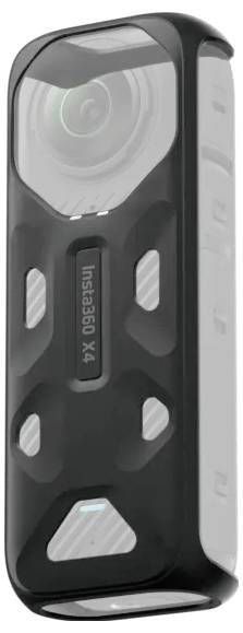 Kompaktna črna akcijska kamera z objektivi na eni strani in besedilom 'Insta360 X4', vidnim na sprednji strani.