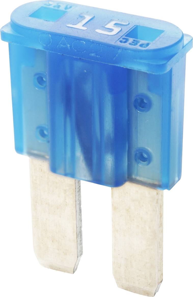 Moder 15-amperni nožasti varovalki s kovinskimi priključki, ki se uporablja v avtomobilskih in elektronskih napravah za zaščito tokokrogov.