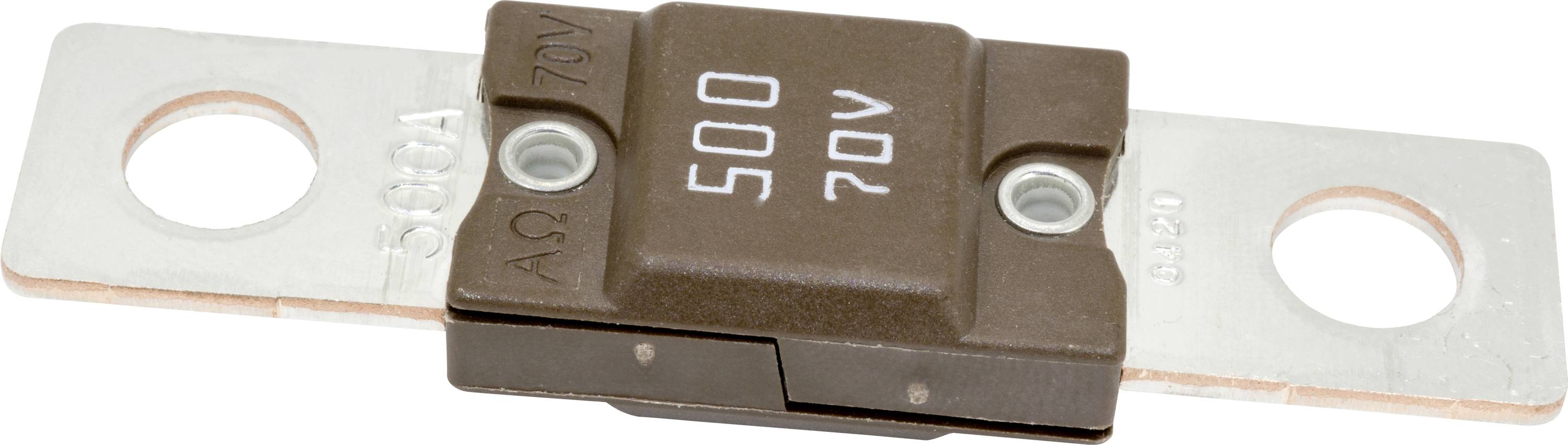 Rjav avtomobilski varovalec s kovinskimi kontakti, označen '500 70V', namenjen zaščiti električnih tokokrogov pred poškodbami zaradi prekomerne električne obremenitve.
